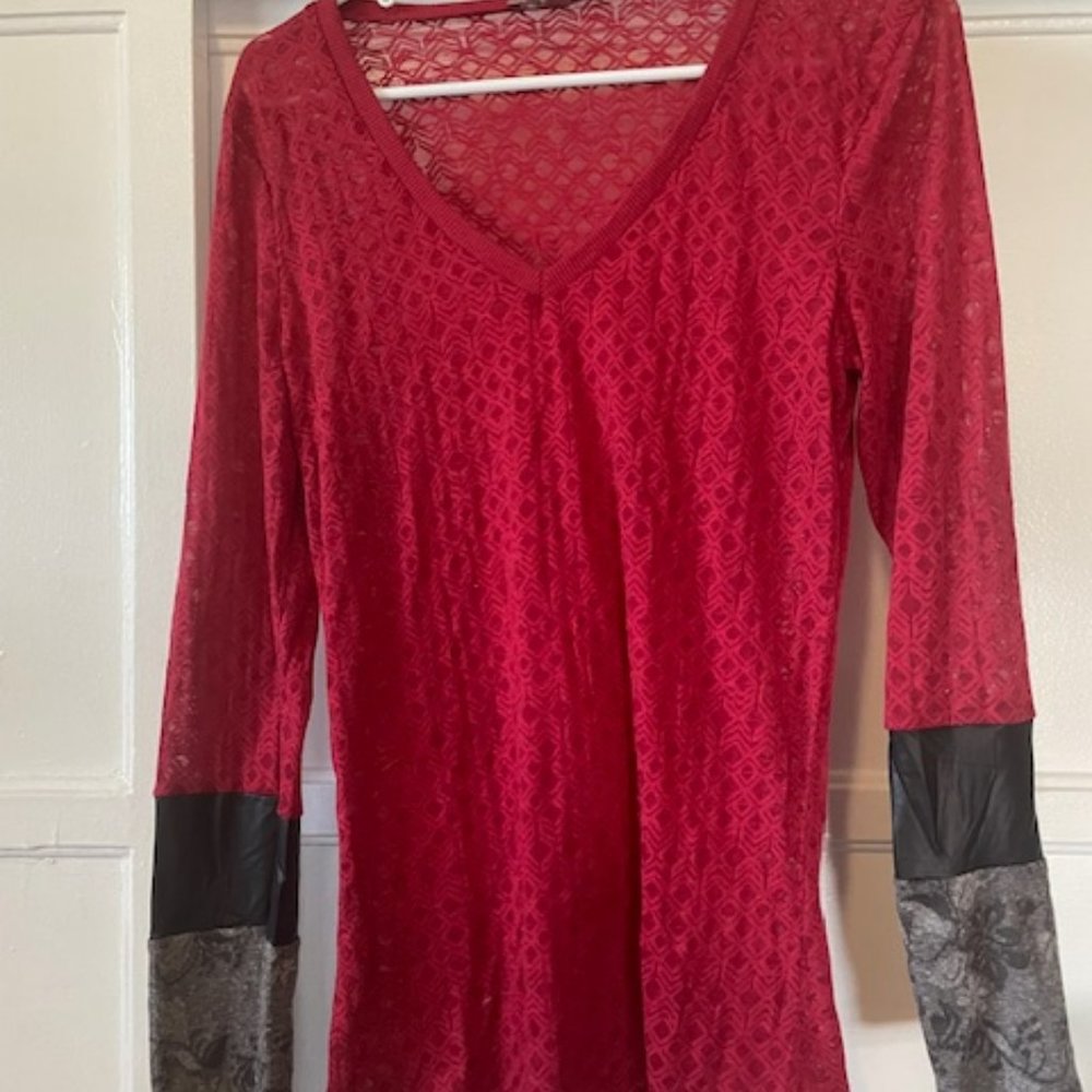 Red Burnout Sheer Top Geometric Large Mixed Media Mixed Print